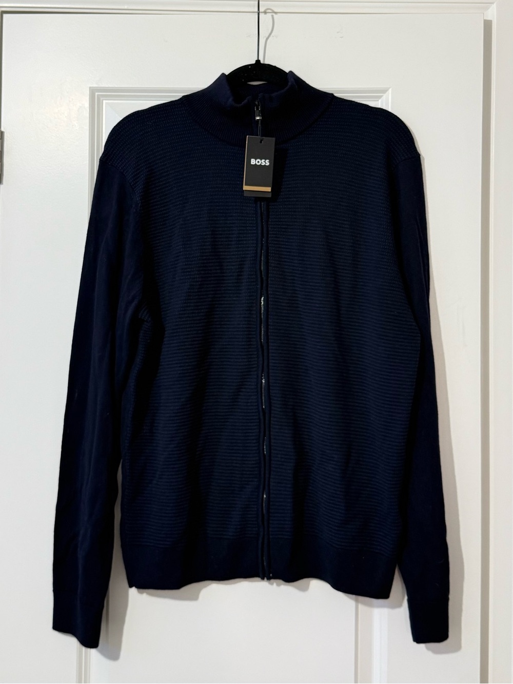 BOSS Men's Navy Zip-Up Mock Collar Sweater